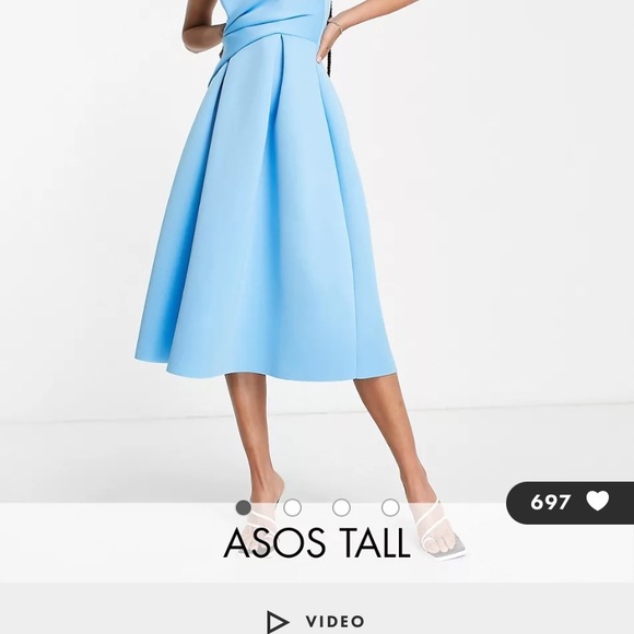 ASOS DESIGN Tall wrap bandeau prom midi dress in blue - Picture 2 of 5